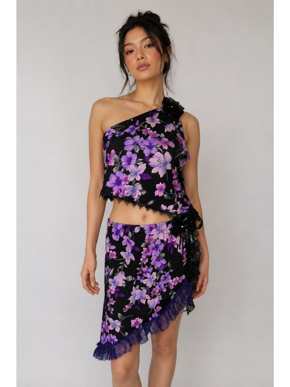 Upcycled Y2K Floral Asymmetrical Skirt Set Fairycore Whimsigoth Coquette Small